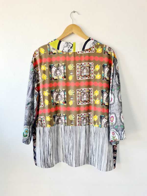 patchwork cardigan jacket 3, back view, hand pieced, artist designer viscose fabric