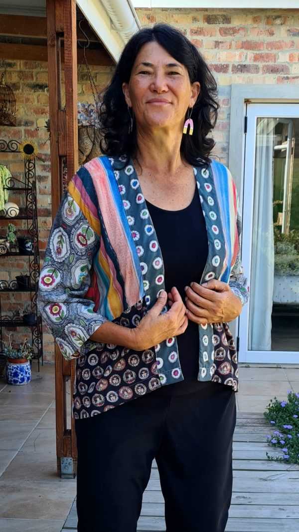 patchwork cardigan jacket 3, front view on model